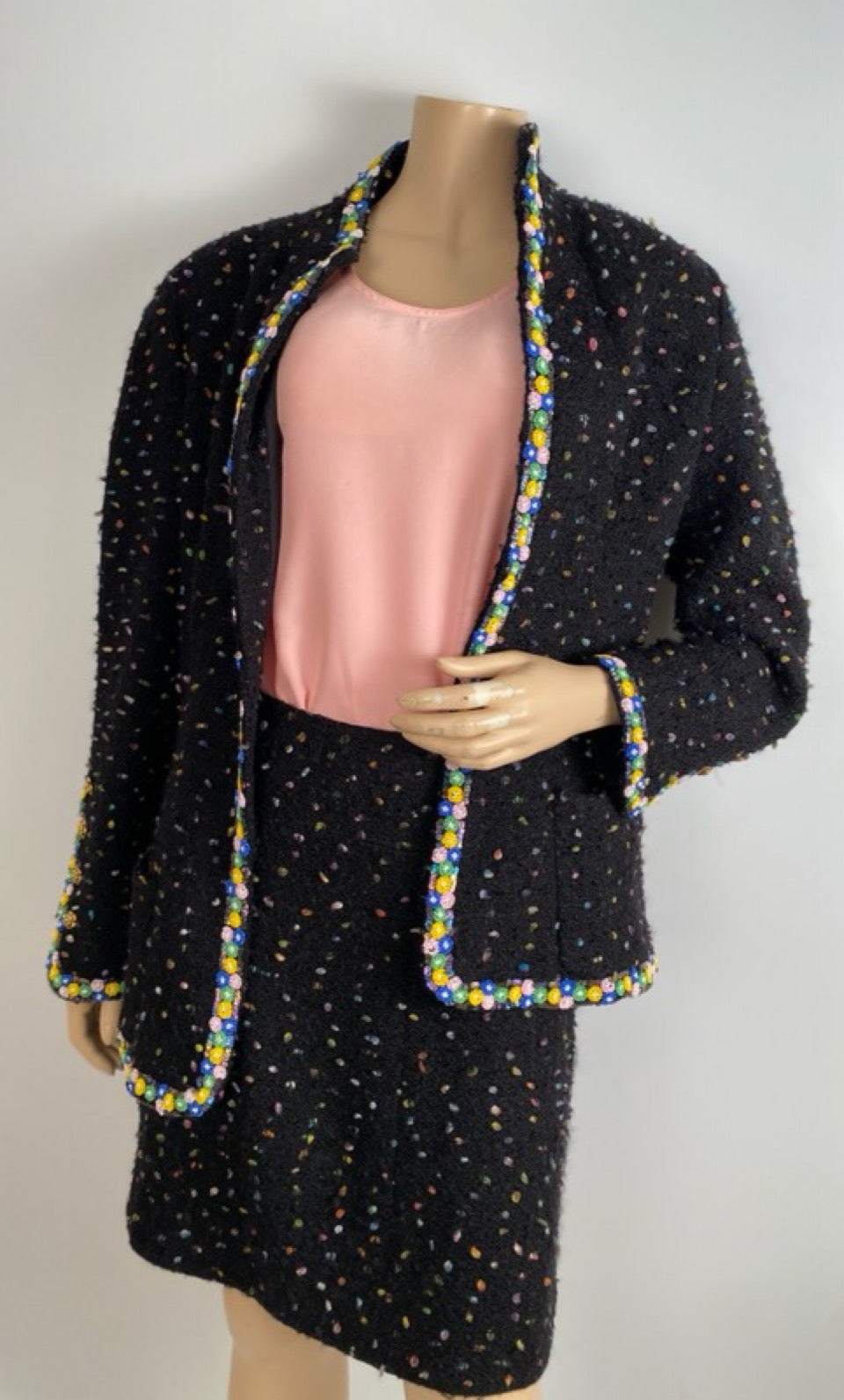 1980’s Collection 23 Chanel Black Multicolor Confetti Jacket Skirt Suit Set US 8/10