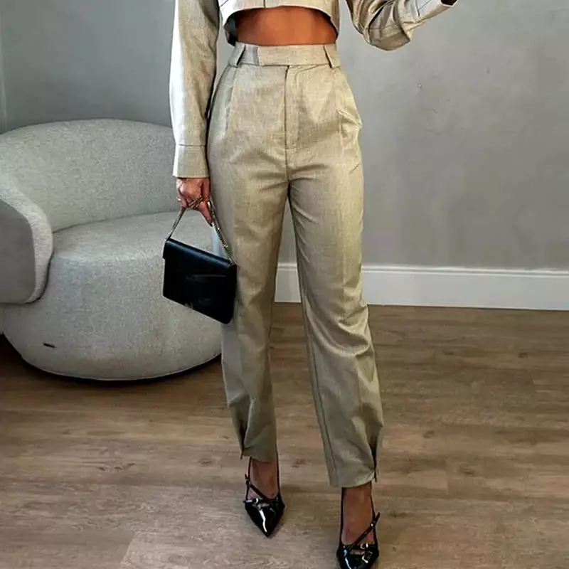 2 Piece Set 2024 Women Fashion Solid Long Sleeve Lapel Singe Breasted Button High Waits Top Loose With Pockets Pants Sets