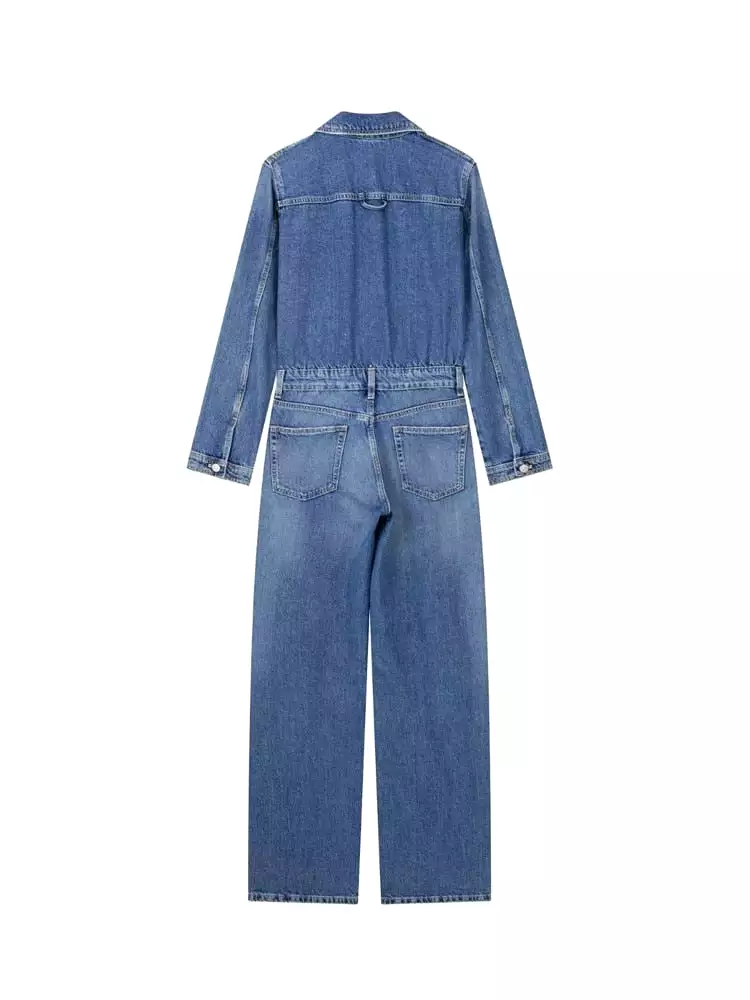 Ashore Shop Denim Jumpsuit 2023 Women Autumn Spring New Long Sleeve Solid Color Blue Straight Street Casual Pants Fashion Trend