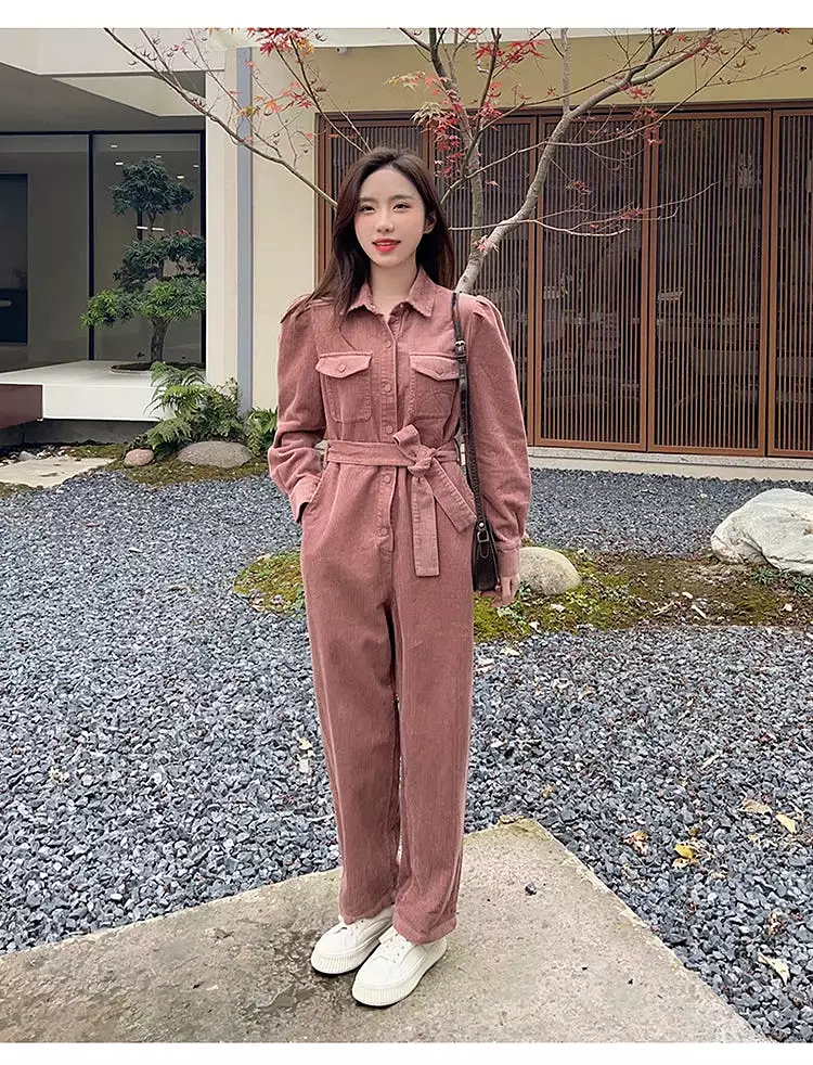 Ashore Shop Pink Corduroy Jumpsuit for Women   Spring Autumn   Loose Long Sleeve One Piece Pants Set