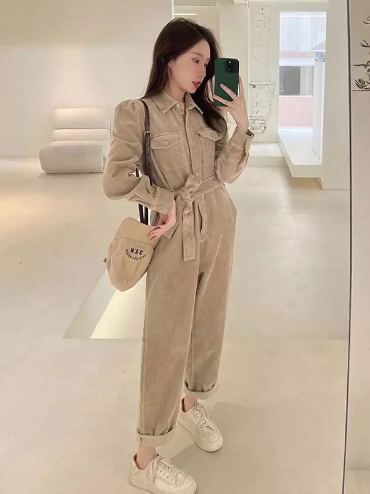 Ashore Shop Pink Corduroy Jumpsuit for Women   Spring Autumn   Loose Long Sleeve One Piece Pants Set