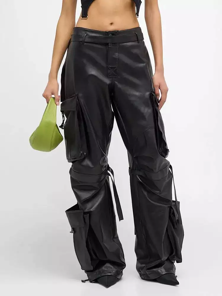 Ashore Shop solid leather cargo pants for women high waist  floor length trouser female