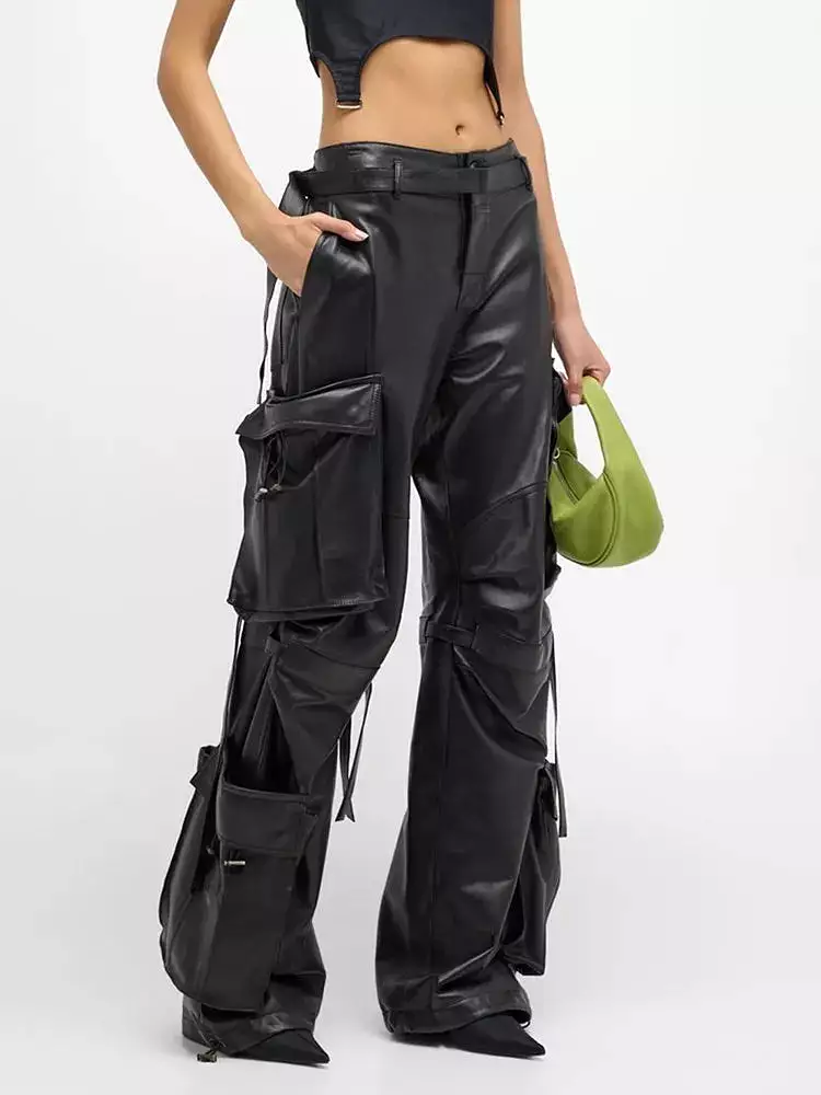 Ashore Shop solid leather cargo pants for women high waist  floor length trouser female