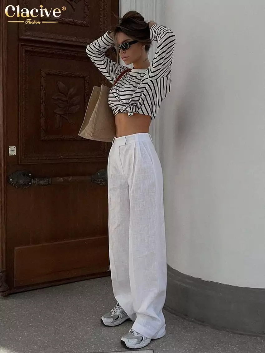 Ashore Shop White Linen Women'S Pants 2023 Elegant High Waist Wide Pants Female Casual Loose Classic Trousers Streetwear