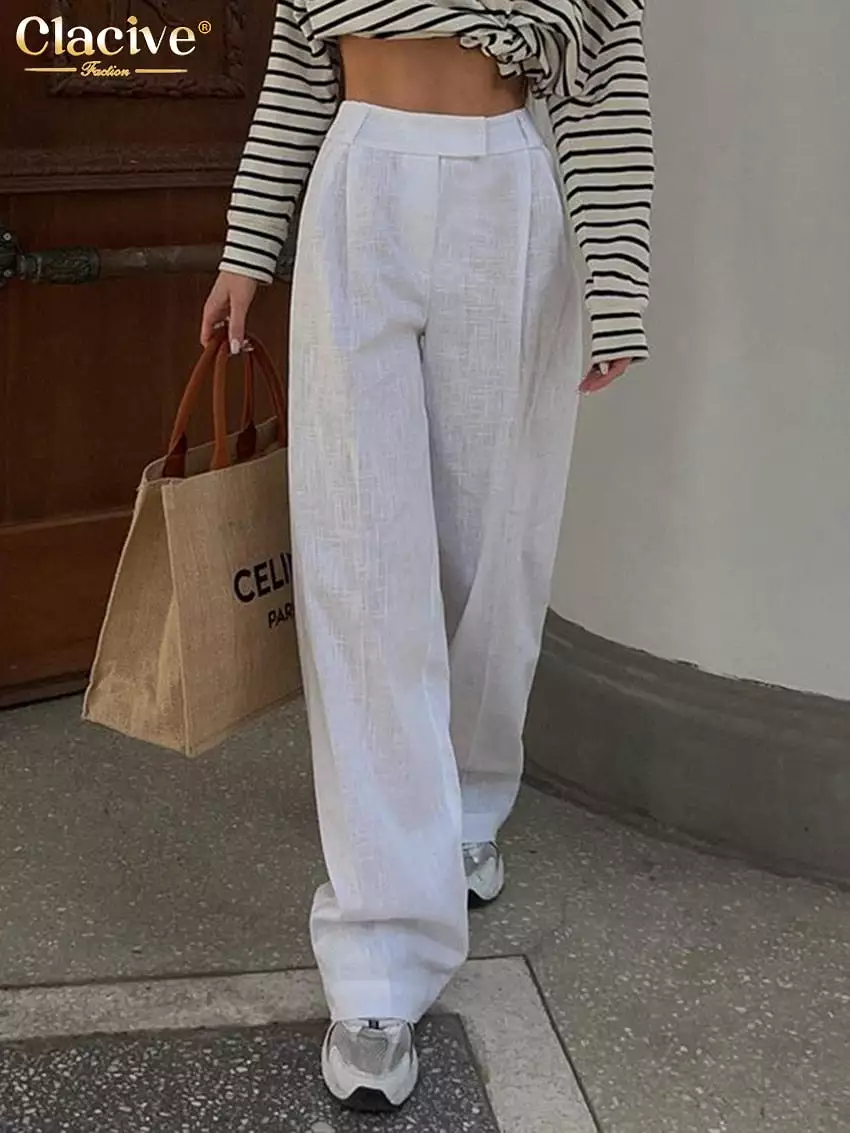 Ashore Shop White Linen Women'S Pants 2023 Elegant High Waist Wide Pants Female Casual Loose Classic Trousers Streetwear