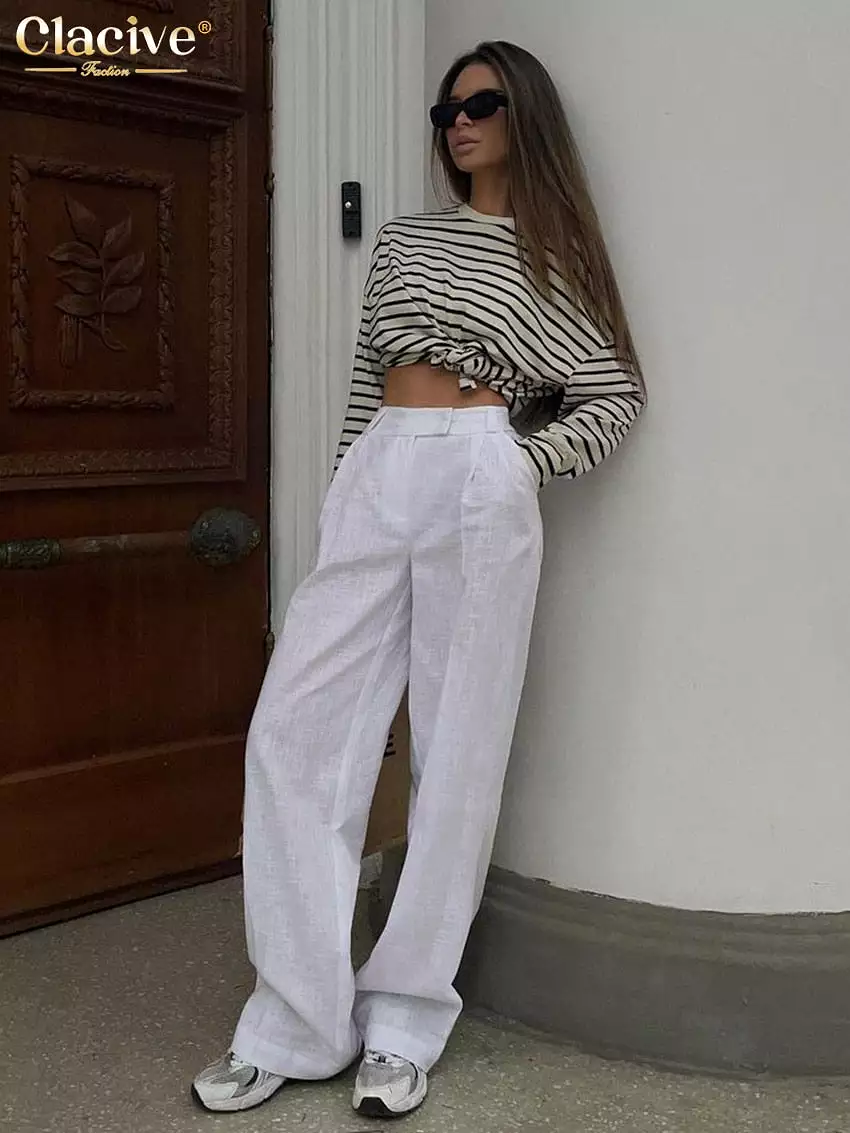 Ashore Shop White Linen Women'S Pants 2023 Elegant High Waist Wide Pants Female Casual Loose Classic Trousers Streetwear