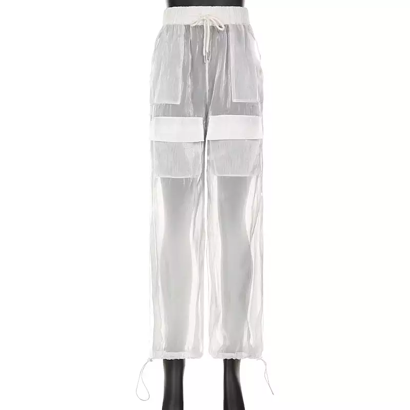 Ashore shop White See Through Chiffon Loose Pants Pockets Fashion Drawstring Trousers Casual Club Style Aesthetic Women Hot Clot