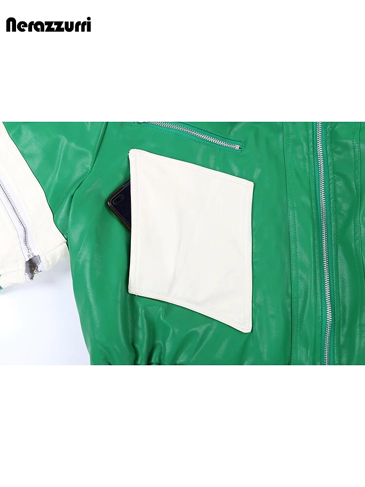 Autumn Winter Oversized Casual White and Green Color Block Pu Leather Quilted Jacket Women Warm Unisex Clothes 2023