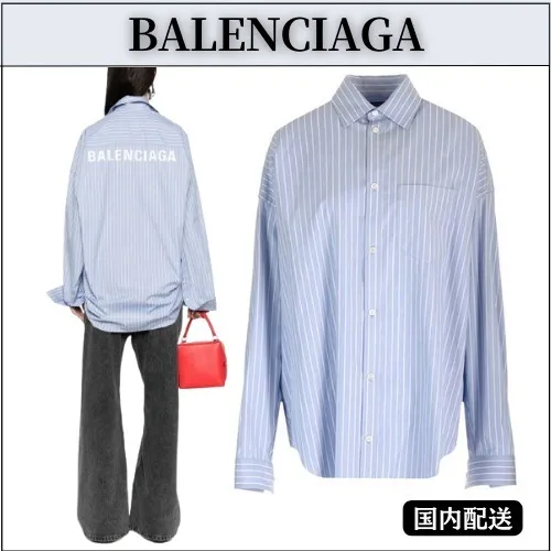 BALENCIAGA  |Stripes Casual Style Unisex Long Sleeves Cotton Oversized