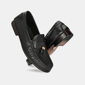 Black Perforated Tassel Loafers by Lafattio