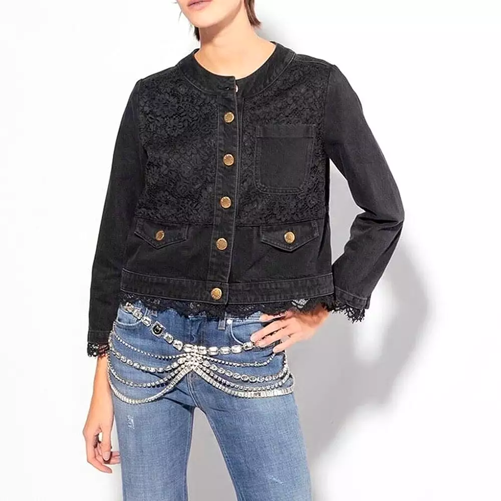 Casual Spliced Lace Denim Coats For Women Round Neck Long Sleeve Patchwork Buttons Solid Loose Jacket Female Spring Clothing