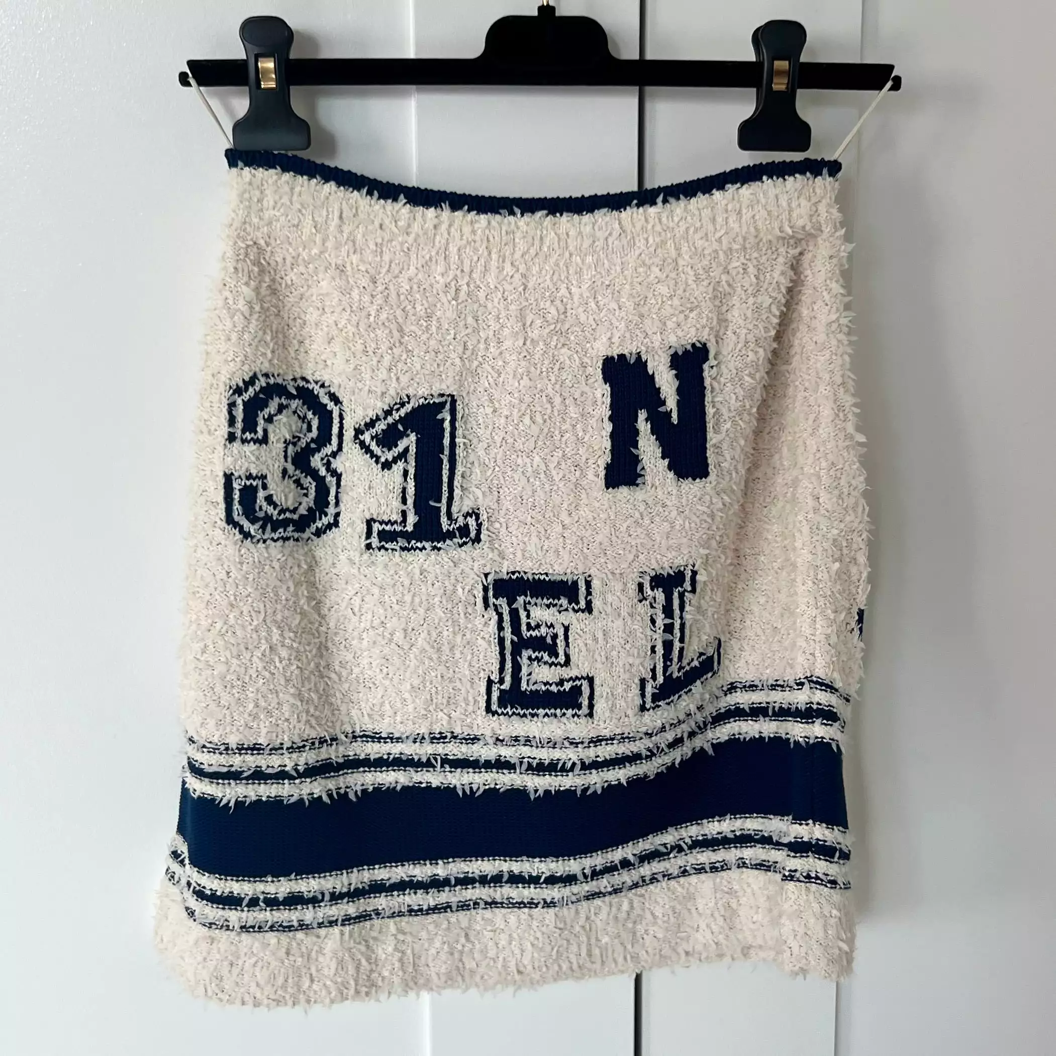 CHANEL cream boucle blue CC knit logo varsity short skirt FR36 S