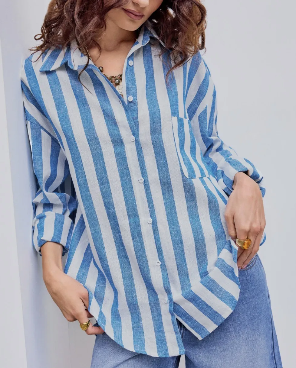 Cider  |Stripes Linen Long Sleeves Oversized Shirts & Blouses