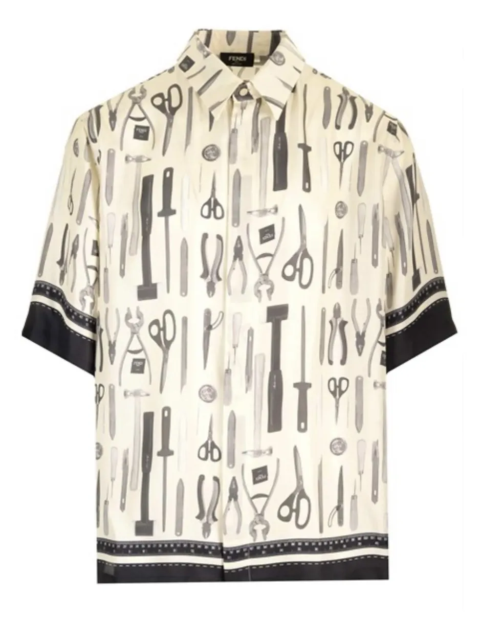 FENDI  |Silk Short Sleeves Oversized Logos on the Sleeves Luxury