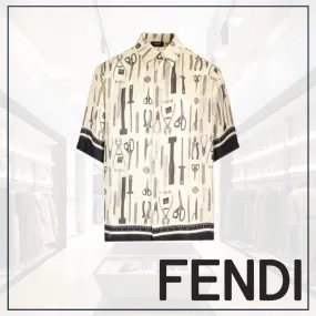 FENDI  |Silk Short Sleeves Oversized Logos on the Sleeves Luxury