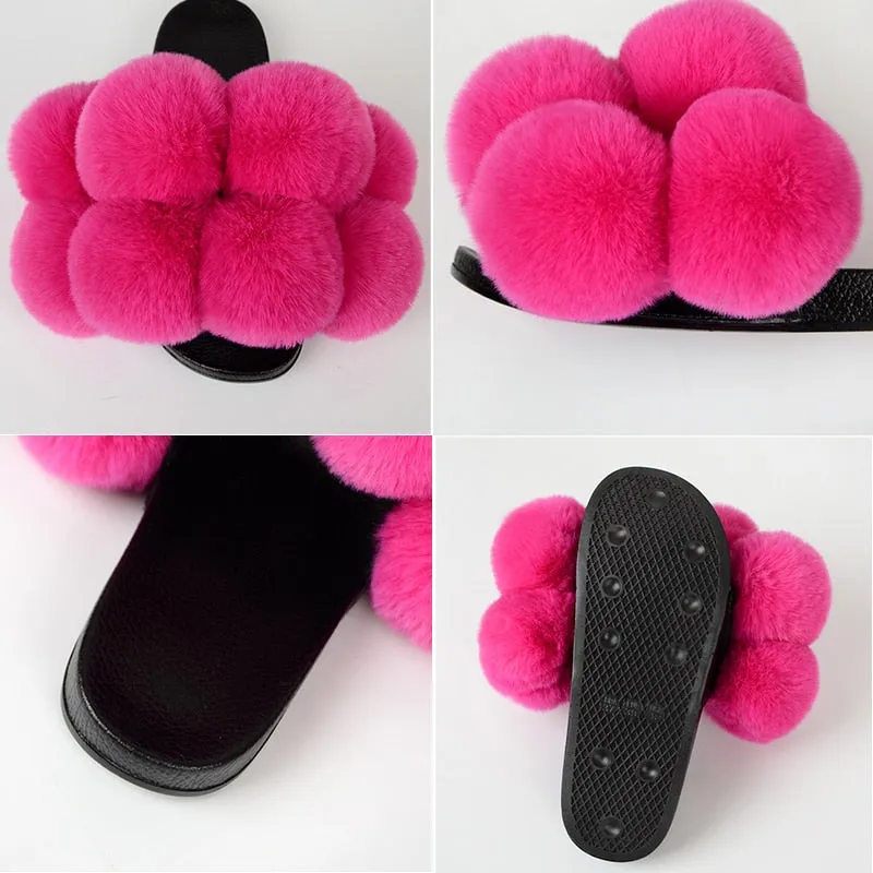 Fluffy Summer Slides Synthetic Fur Flip Flop House Slippers for Women