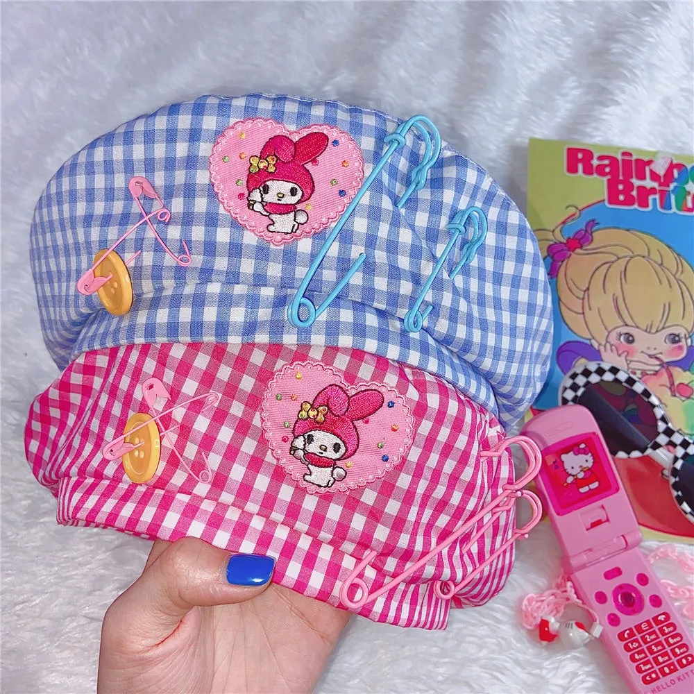 HARAJUKU CARTOON SOFTGIRL BESTIE PLAID SUMMER BERET HAT BY90803