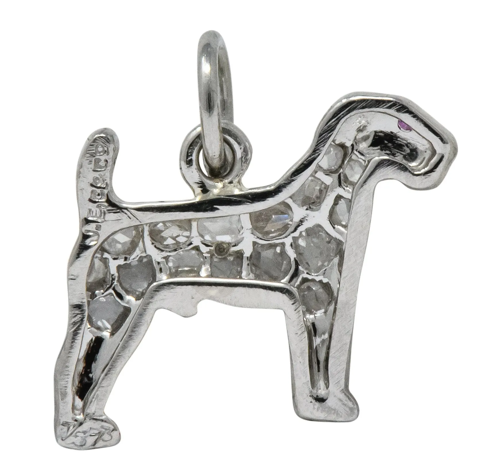 J.E. Caldwell & CO. Edwardian Diamond Ruby Platinum Fancy Dog Charm Circa 1920