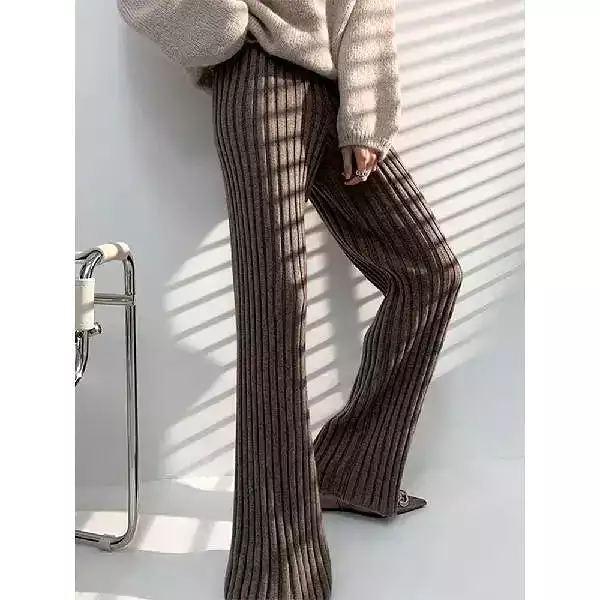 Knitted Pant Women Autumn Spring High Waist Wide Leg Pants Office Lady