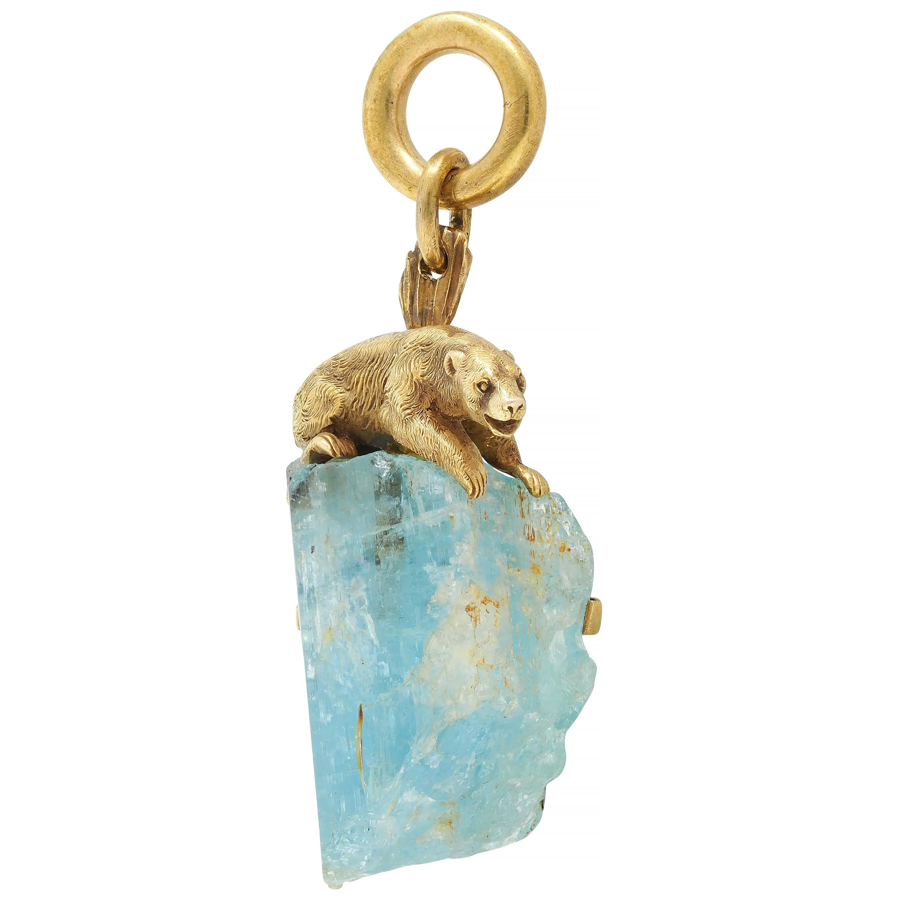 Late Victorian Aquamarine 14 Karat Yellow Gold Climbing Bear Antique Pendant