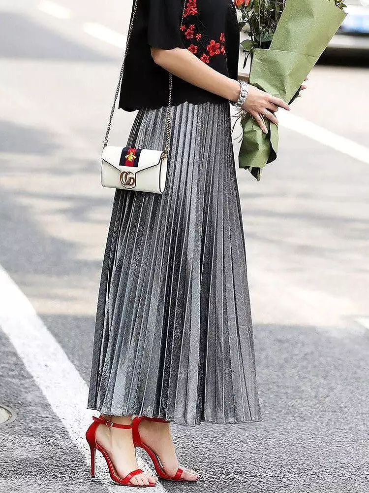 Maxi Pleated Swing Long Skirt in Shiny Metallic Silver Gold