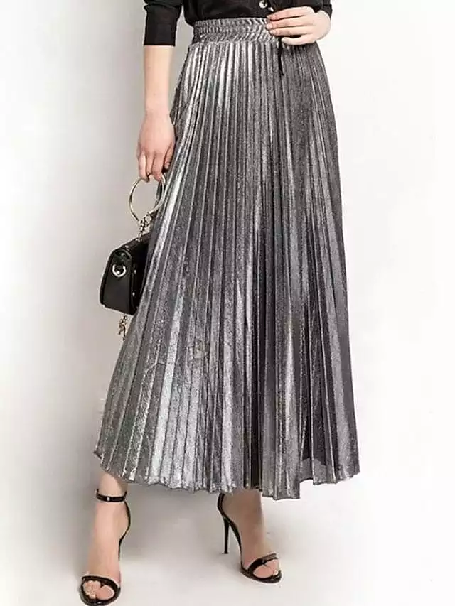 Maxi Pleated Swing Long Skirt in Shiny Metallic Silver Gold