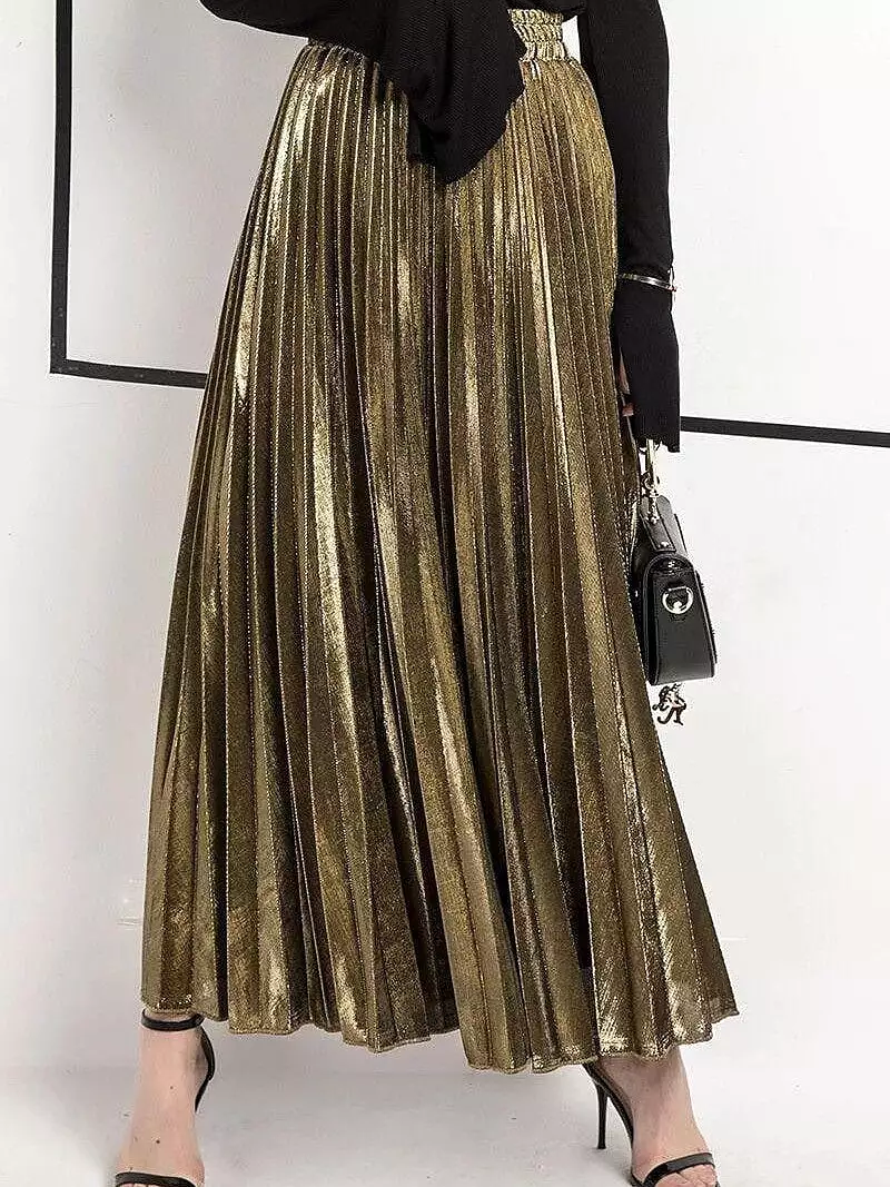 Maxi Pleated Swing Long Skirt in Shiny Metallic Silver Gold