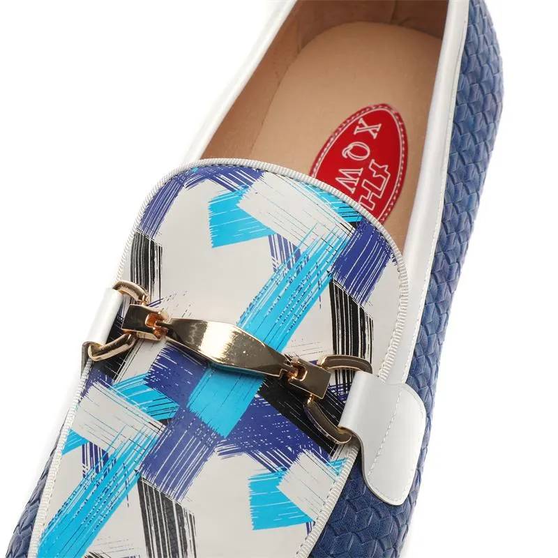 Men's Blue Woven Synthetic Leather Metal Buckle Printed Pattern Loafers