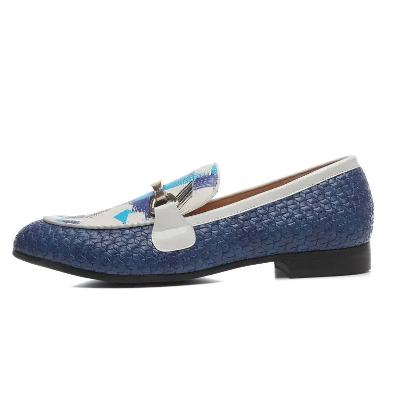 Men's Blue Woven Synthetic Leather Metal Buckle Printed Pattern Loafers