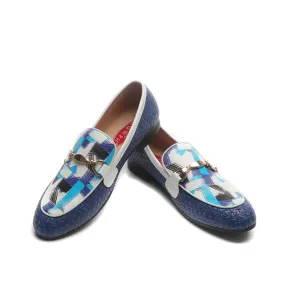 Men's Blue Woven Synthetic Leather Metal Buckle Printed Pattern Loafers