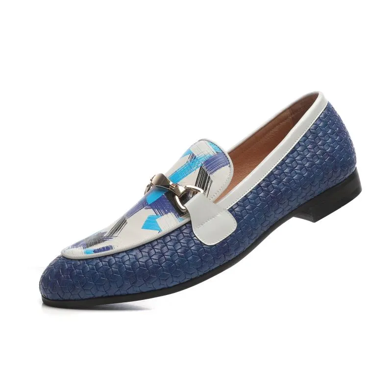 Men's Blue Woven Synthetic Leather Metal Buckle Printed Pattern Loafers