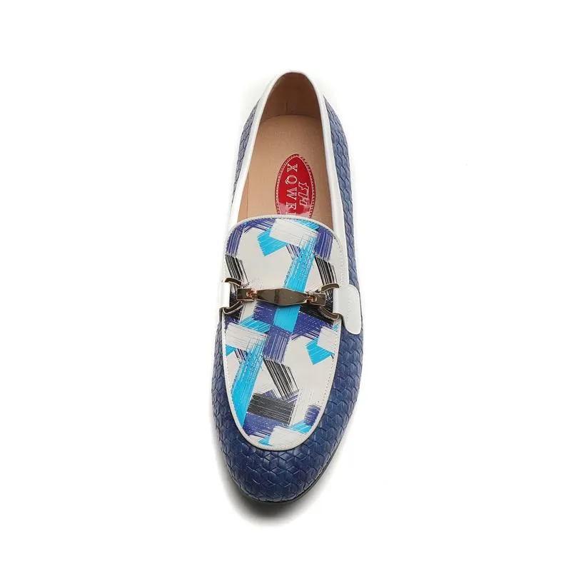 Men's Blue Woven Synthetic Leather Metal Buckle Printed Pattern Loafers