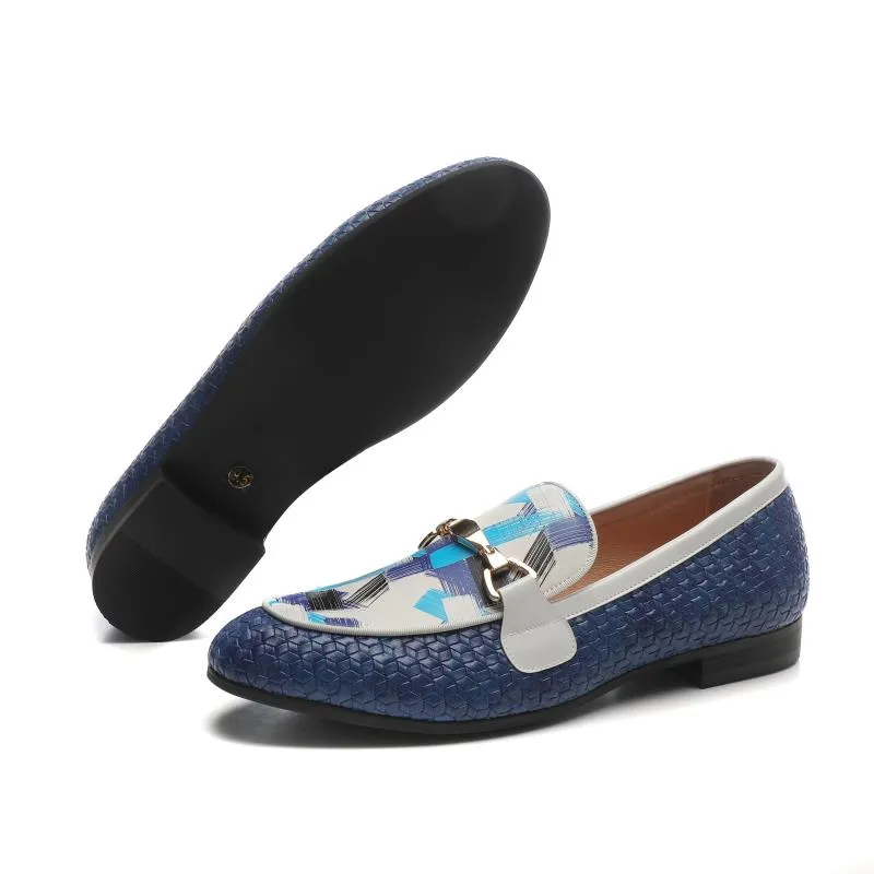 Men's Blue Woven Synthetic Leather Metal Buckle Printed Pattern Loafers