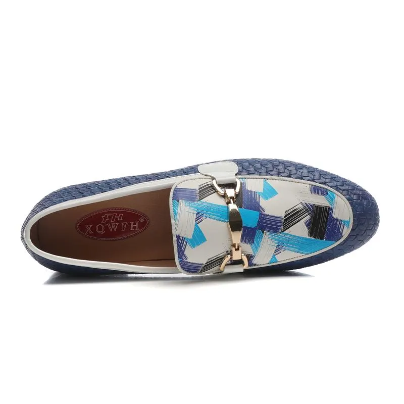 Men's Blue Woven Synthetic Leather Metal Buckle Printed Pattern Loafers