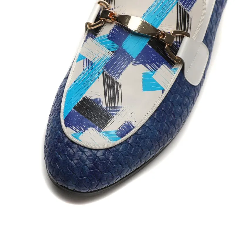 Men's Blue Woven Synthetic Leather Metal Buckle Printed Pattern Loafers