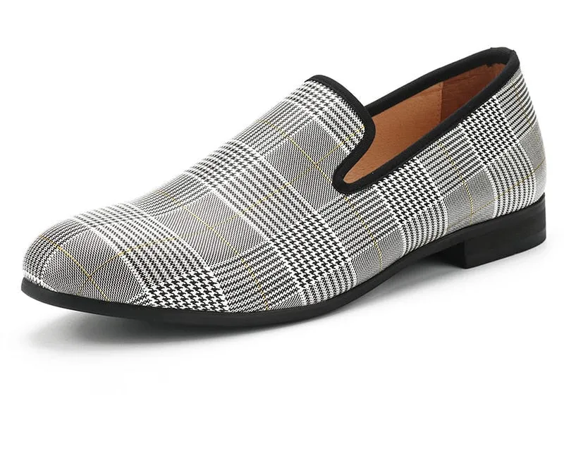 Men's Handmade Luxury Gray Synthetic Leather Plaid Pattern Casual Loafers