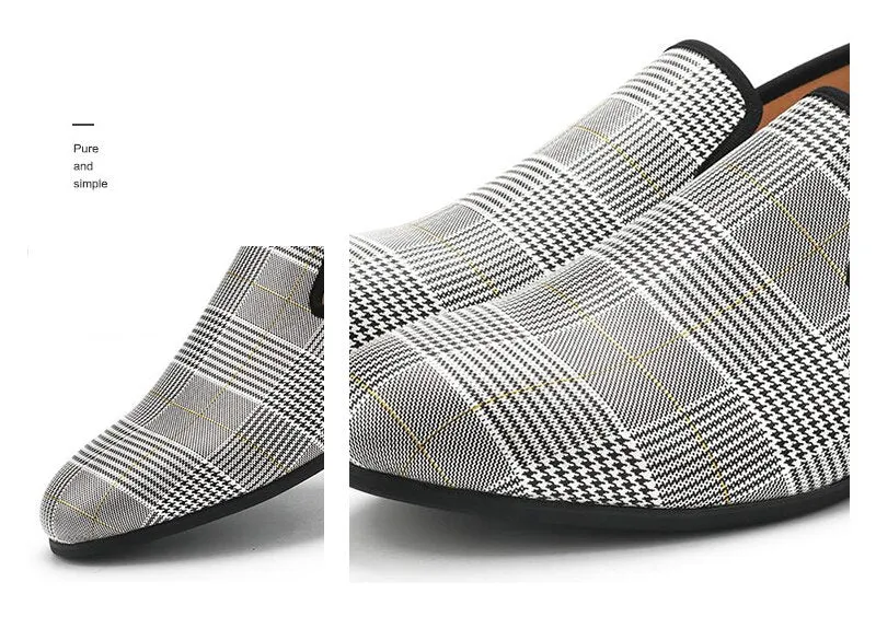 Men's Handmade Luxury Gray Synthetic Leather Plaid Pattern Casual Loafers