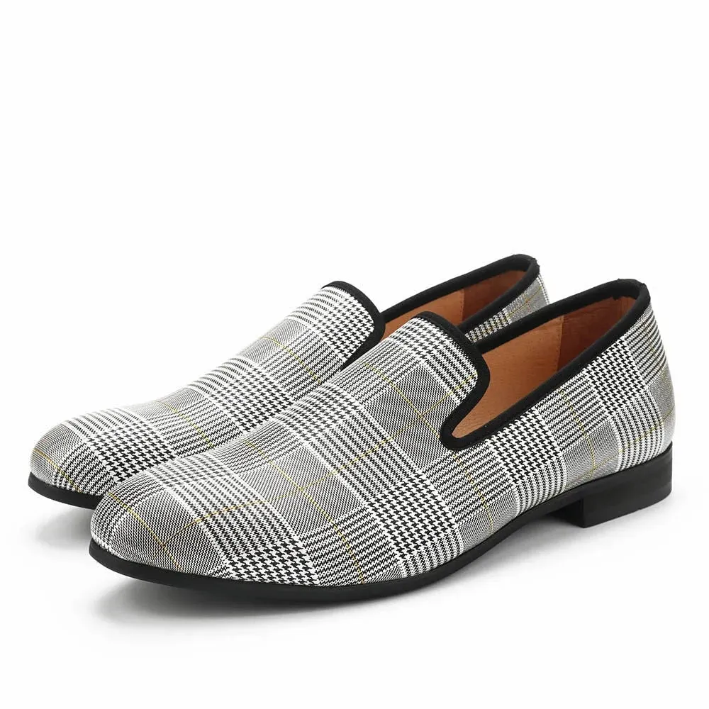 Men's Handmade Luxury Gray Synthetic Leather Plaid Pattern Casual Loafers