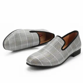 Men's Handmade Luxury Gray Synthetic Leather Plaid Pattern Casual Loafers