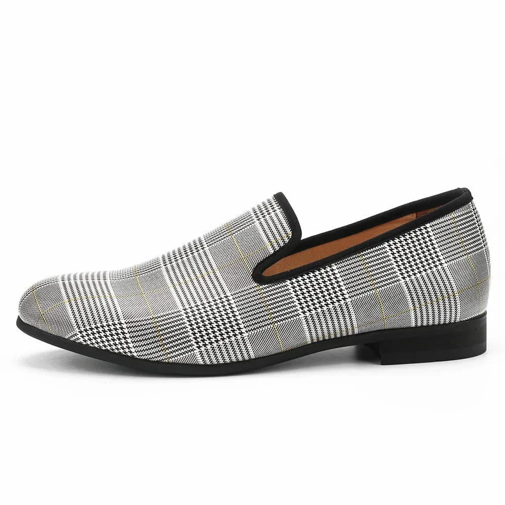 Men's Handmade Luxury Gray Synthetic Leather Plaid Pattern Casual Loafers