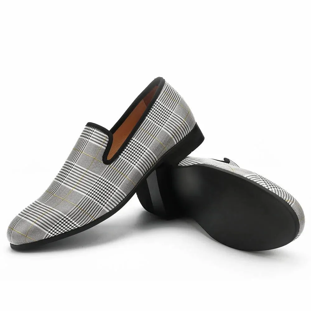 Men's Handmade Luxury Gray Synthetic Leather Plaid Pattern Casual Loafers