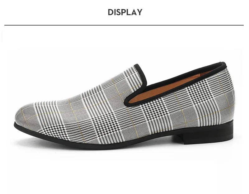 Men's Handmade Luxury Gray Synthetic Leather Plaid Pattern Casual Loafers