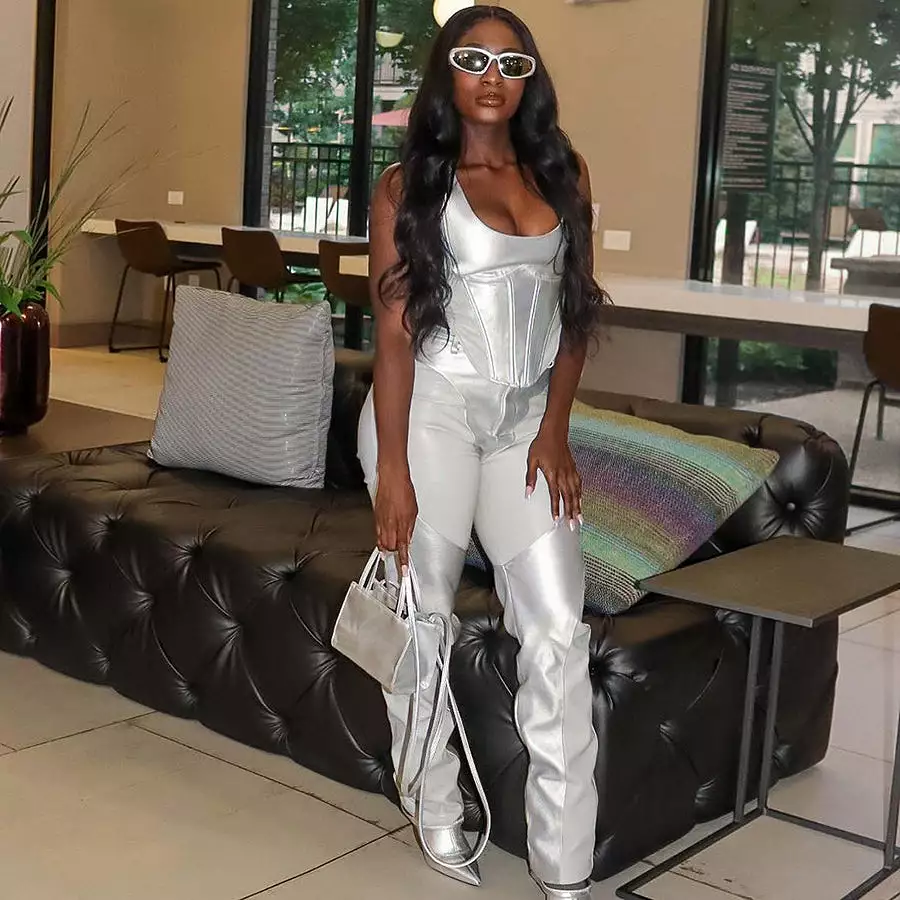 New Arrivals PU Silver 2 Piece Set Women Corset Tops+ Pants Women's Sets Leather 2 Piece Set Women