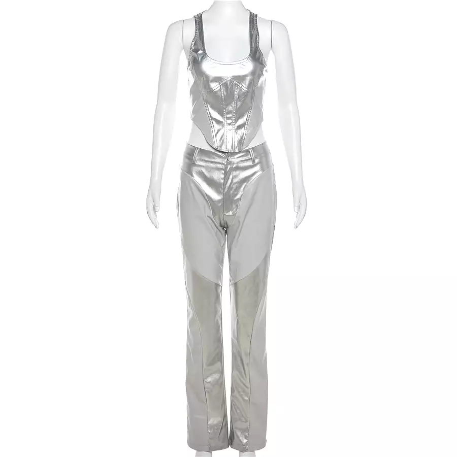 New Arrivals PU Silver 2 Piece Set Women Corset Tops+ Pants Women's Sets Leather 2 Piece Set Women