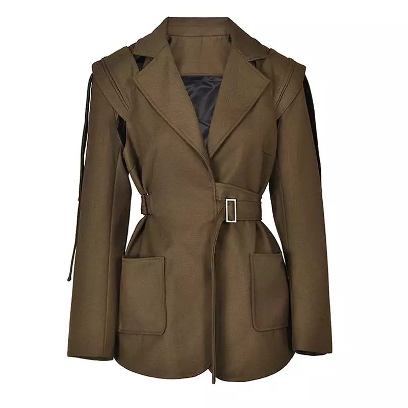 Office Women Full Lining Belted Blazer Women  Loose Fit Jacket