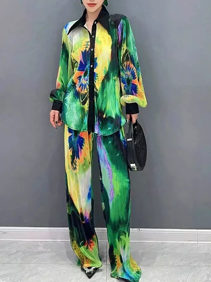 Pant Set Printed Long Sleeved Shirt Wide Leg Pants 2 Piece Set 2024 Spring Fashion Loose Women Clothes