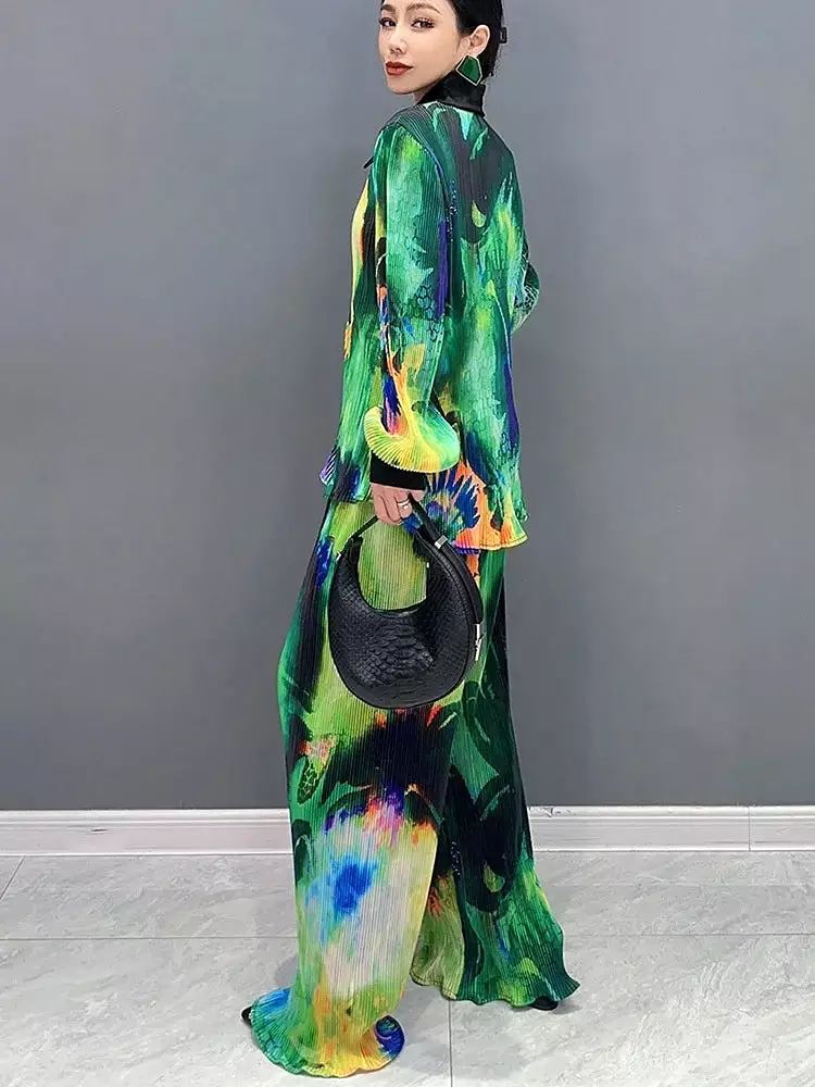 Pant Set Printed Long Sleeved Shirt Wide Leg Pants 2 Piece Set 2024 Spring Fashion Loose Women Clothes