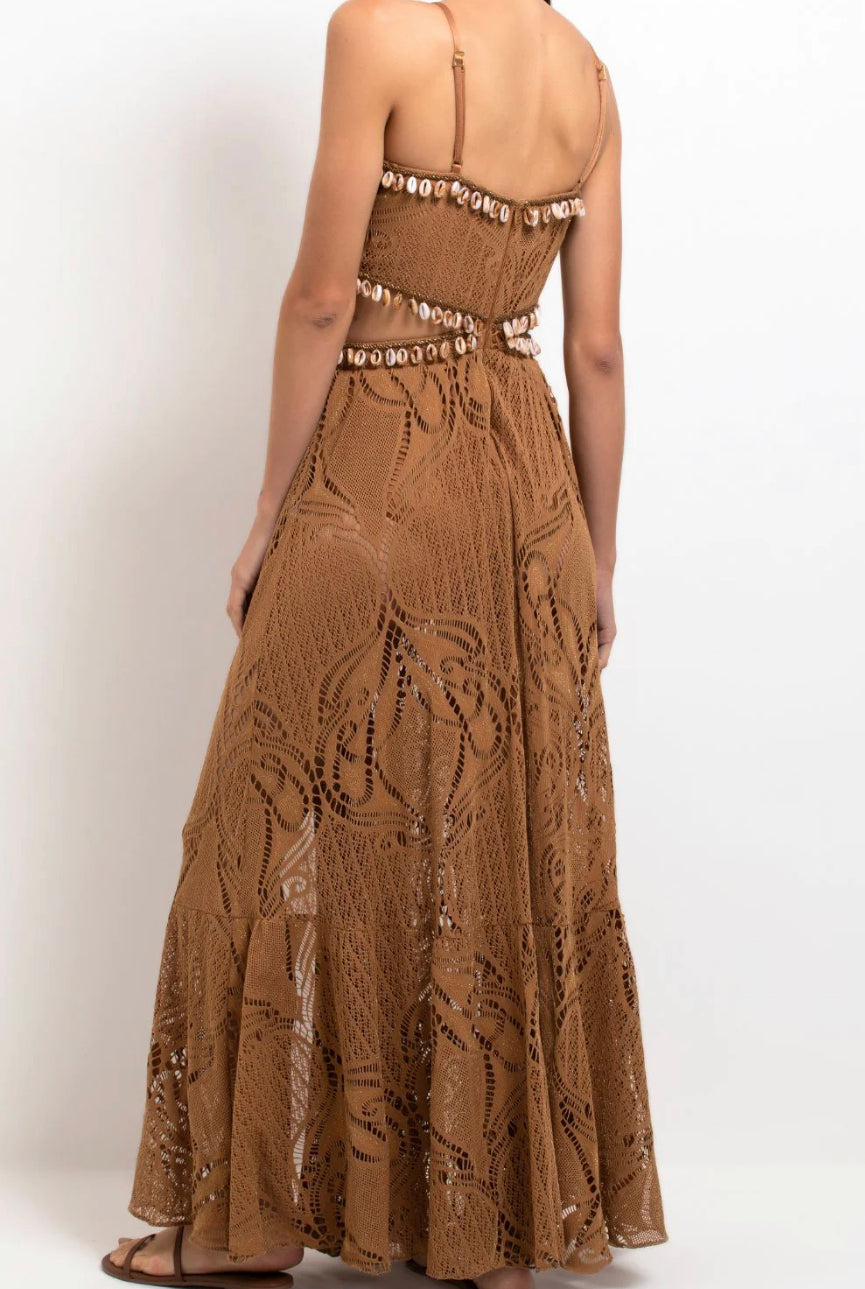 Patbo - Beaded Seashell Cut Out Maxi Dress - Almond