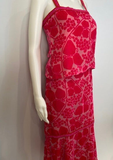 Rare Vintage Chanel 2001 Cruise 01C Pink Velvet Floral 2 Piece Top Matching Skirt Set FR 40/42 US 6/8