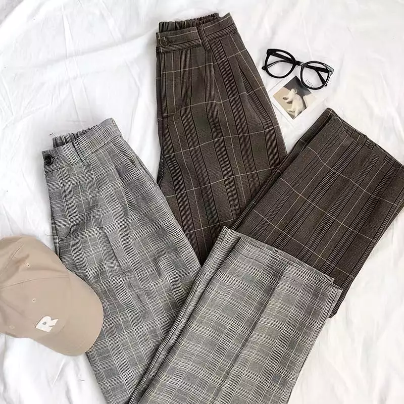 RETRO HIGH-WAIST PLAID CASUAL PANTS BY22807